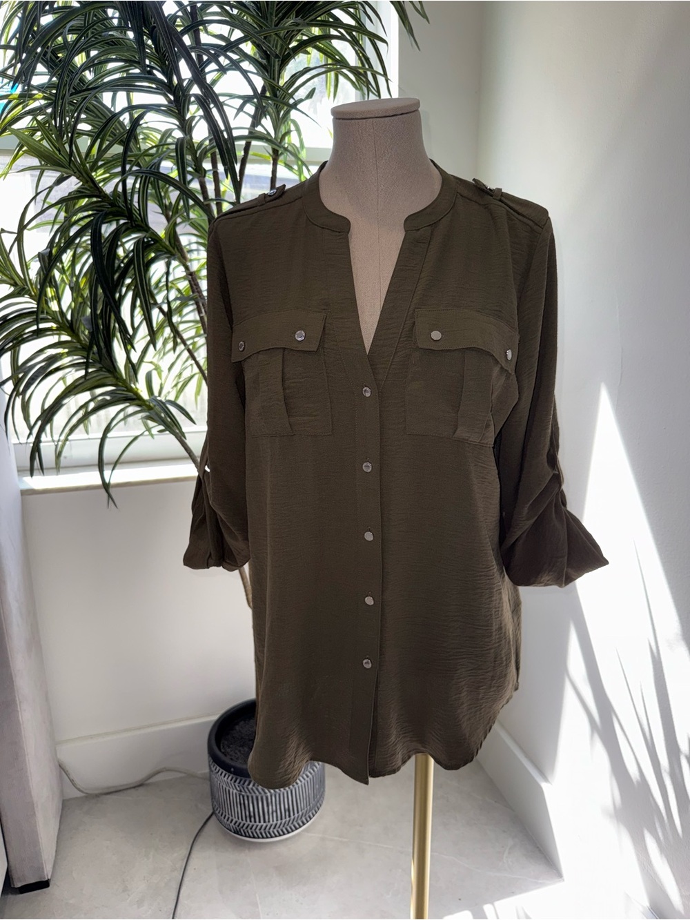 Calvin Klein Olive Button-Front Blouse
